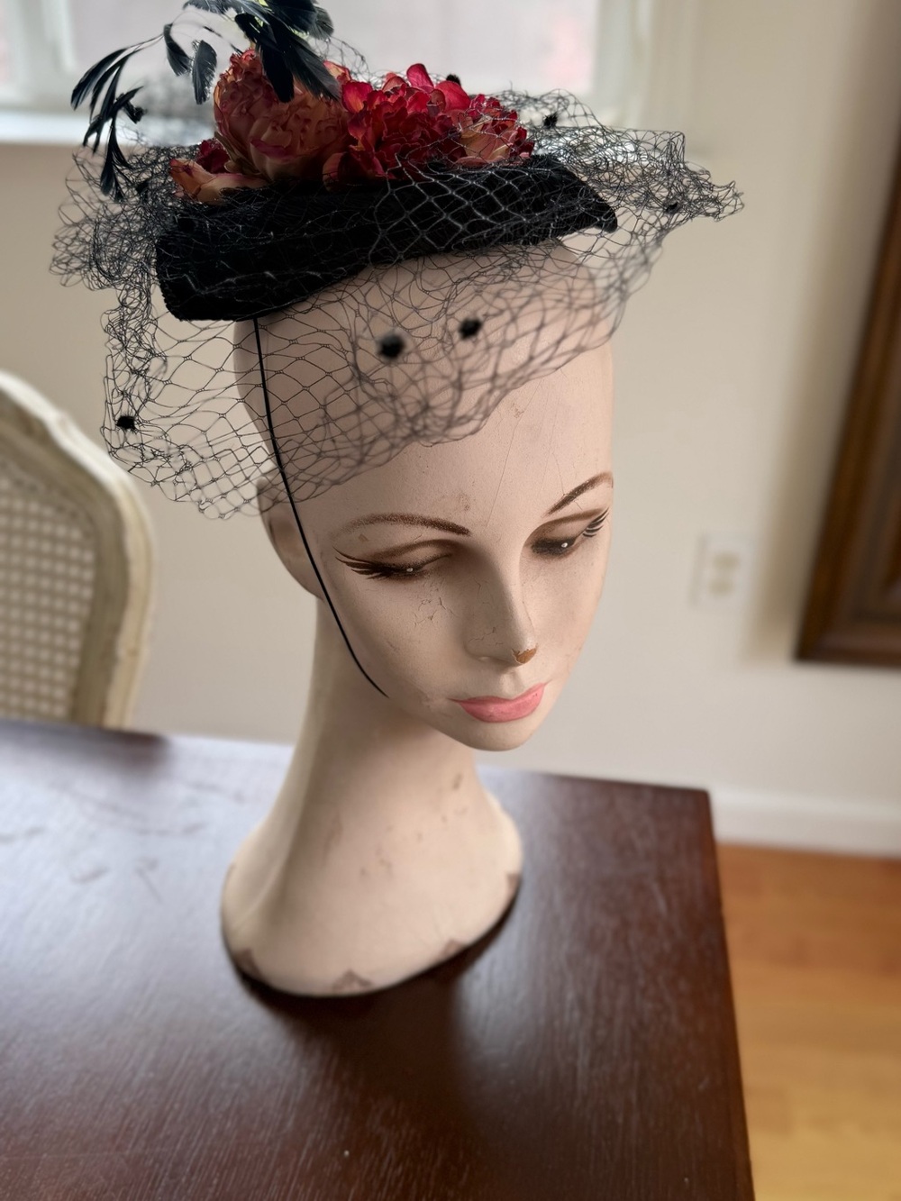Grevi Black Veiled Hat with Pink Floral Accents